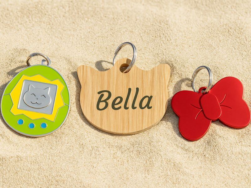 Three stylish cat tags on sand, a green tamagotchi cat tag, a wooden tag with “Bella,” and a red bow tag, perfect for summer.